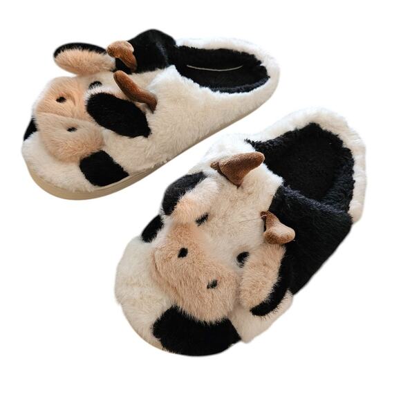 Plush Milk Cow Slippers Womens Sz S Winter Home Cute Furry - Picture 1 of 4
